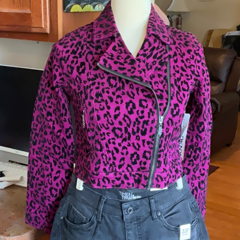 DKNY Red Violet Moto Animal Jean Print Jacket Size (GIRLS) L, NWT